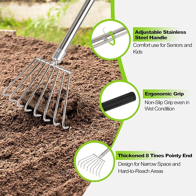 Landscape Rakes for Lawns Leaf Leaves, Small Hand Cultivator, Clam Tool for Cleaning Debris, Weeds, Grass, Pine Needle Remove in Yard, Flower Beds, Herb Rock Garden Care - Stainless Steel