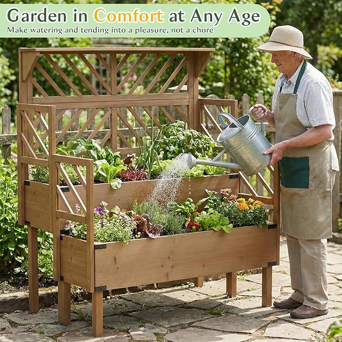 Raised Garden Bed Outdoor with Lattice Trellis, 47.2''H Wood Outdoor Flower Plant Stand with Two Planting Areas, Metal Reinforced, Liner, Elevated Garden Beds for Climbing Plants, Herb, Brown