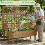 Raised Garden Bed Outdoor with Lattice Trellis, 47.2''H Wood Outdoor Flower Plant Stand with Two Planting Areas, Metal Reinforced, Liner, Elevated Garden Beds for Climbing Plants, Herb, Brown
