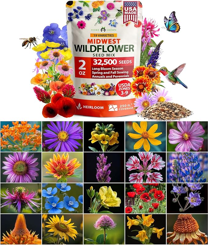 HOME GROWN 32,500+ Midwest Wildflower Seeds 2oz 15 Varieties – Annual & Perennial Flower Seeds for Attracting Bees & Butterflies – Open Pollinated