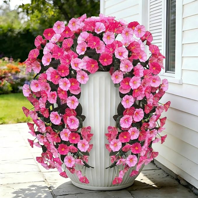 Artificial Flowers for Outdoors Fake Pink Morning Glory Hanging Flower Decoration, 2Pcs Realistic Faux Plants Petunias Long Trailing Vines,Spring Decor for Porch Patio Balcony Planter Yard