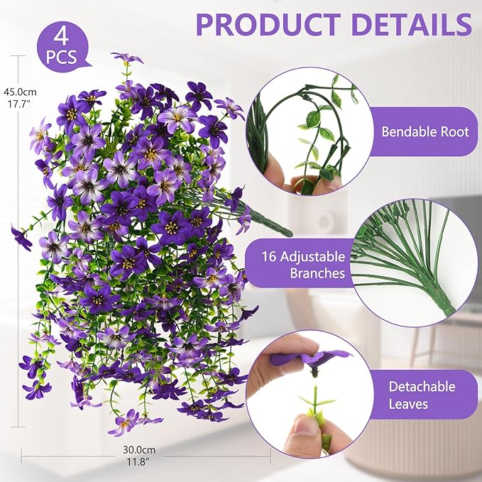 Artificial Hanging Baskets Outdoor, 4 Bundles Artificial Hanging Flowers Outdoors Spring Summer Decoration, No Fade Realistic Fake Hanging Baskets for Porch Patio Balcony Home Yard Decor