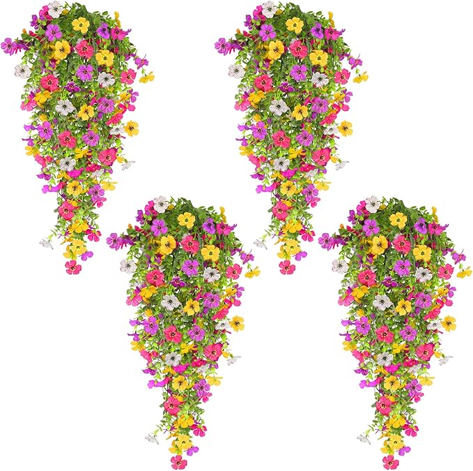 TURNMEON 4 Pcs Artificial Flowers for Outdoors Spring Summer Decor, UV Resistant No Fade Fake Hanging Flowers Plants Faux Plastic Realistic Silk Flower for Gardens Porch Planter Patio Yard Home Indoor