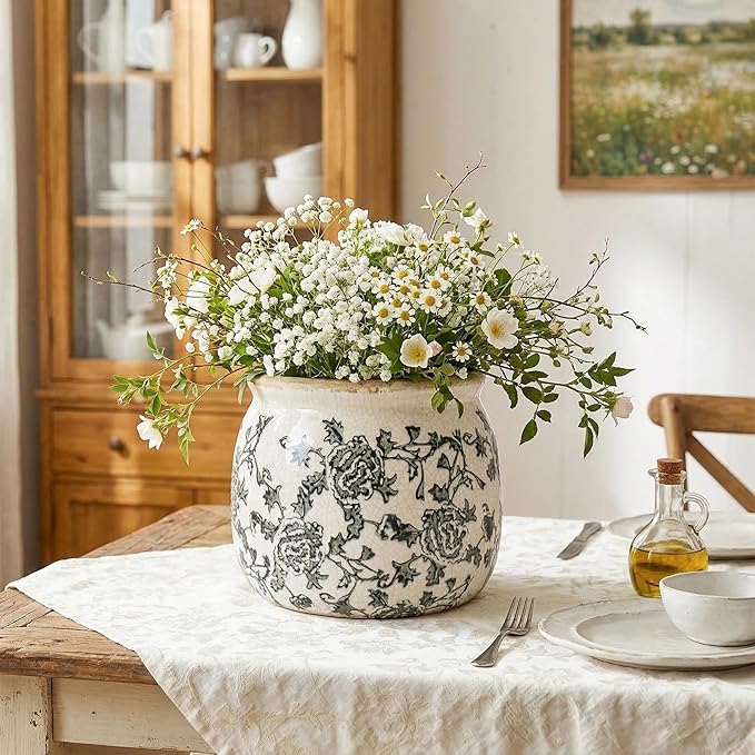 DREAMLOOM Vintage Ceramic Planter for Indoor Plants,6.1" Ice Crack Cottage Scroll Vase Tuscan Decor Flower Pots with Drainage Holes Home Kitchen Farmhouse Antique Decorative Gift (Grey-Round)