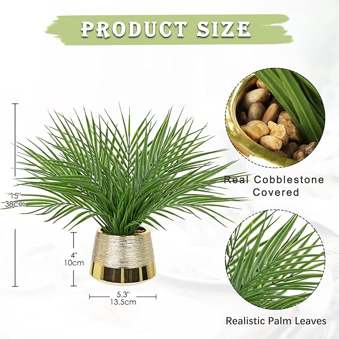 Briful Fake Plants Artificial Palm Leaf Plant in Gold Planter – 15’’ Tall Faux Tropical Greenery in Brushed Gold Pot for Modern Home Decor, Office Desk, Living Room, Shelf, Bathroom Decoration