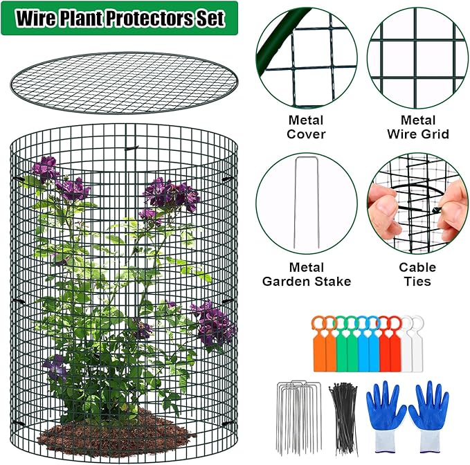 10 Pack Wire Plant Protector with Cover, 16"x12" Detachable Metal Plant Protectors Mesh, Garden Plant Protectors for Shrubs Flowers Vegetables to Keep Rabbit & Chicken Animals Out