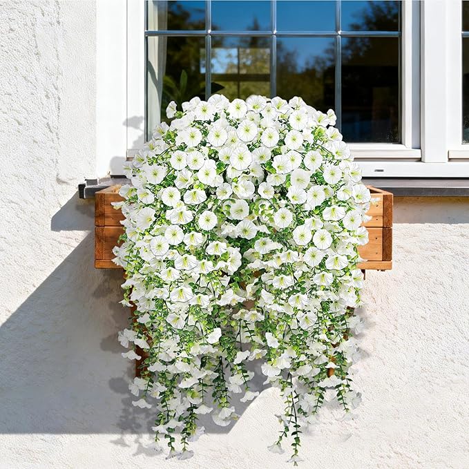 Artificial Hanging Flowers for Outdoors, 4 PCS 600 Blooms UV Resistant Morning Glory Faux Silk Vines, No-Odor Realistic Fake Plants for Garden Planter Porch Patio Decoration, White