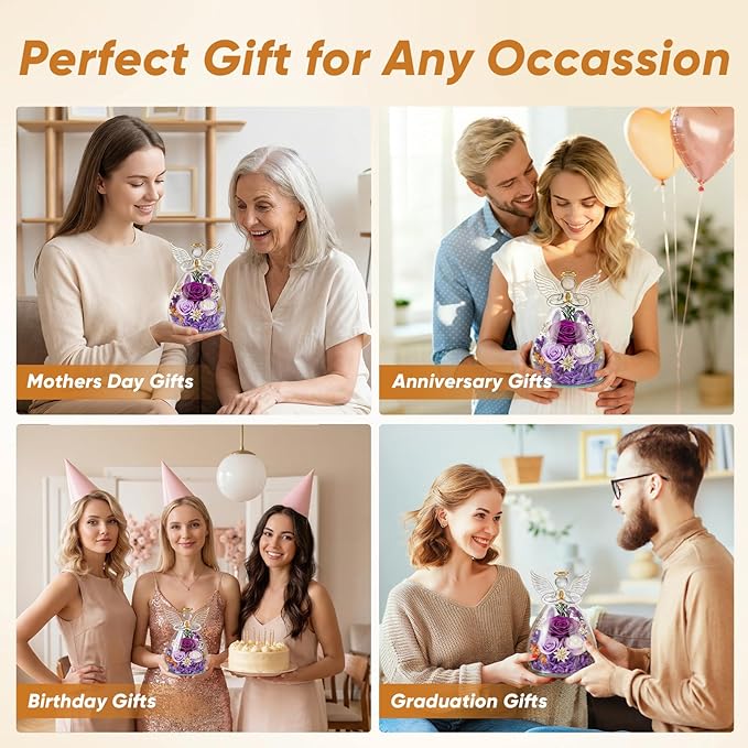 Preserved Rose in Glass Angel Figurine, for Mom/Wife/Grandma, Forever Flowers Rose Anniversary, Graduation or Birthday Gifts for Women Her