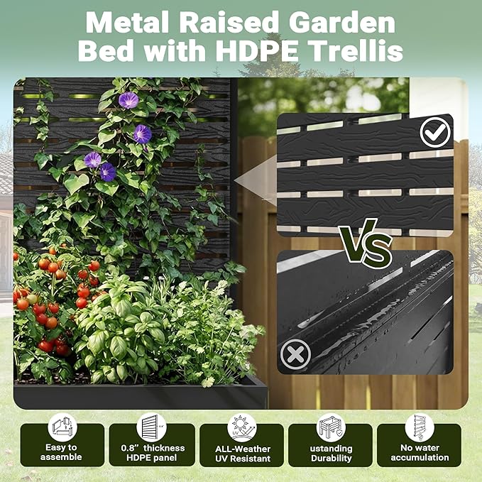 Metal Raised Garden Bed with Trellis, 35"x16"x47" Planter Box for Vegetables & Climbing Plants, Outdoor HDPE Privacy Screen Planter with Drainage Holes for Patio, Backyard, Garden