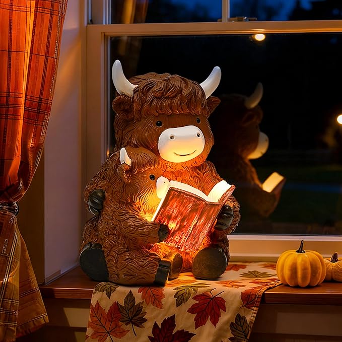 GIGALUMI Solar Highland Cow Decor 8" Garden Statue, Outdoor Decor, Decoration with Light for Patio Yard Lawn Balcony, Christmas/Birthday Gifts for Mom Women