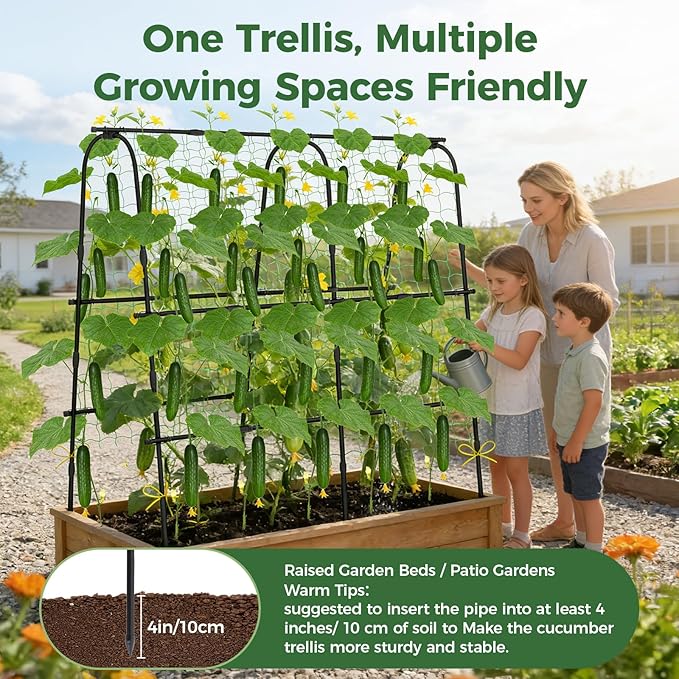 Cucumber Trellis for Raised Bed, 62"x62"U-Shape Garden Trellis for Climbing Plants Outdoor, Metal Arch Plant Support with Netting for Cucumbers, Beans, Tomatoes & Climbing Vegetables