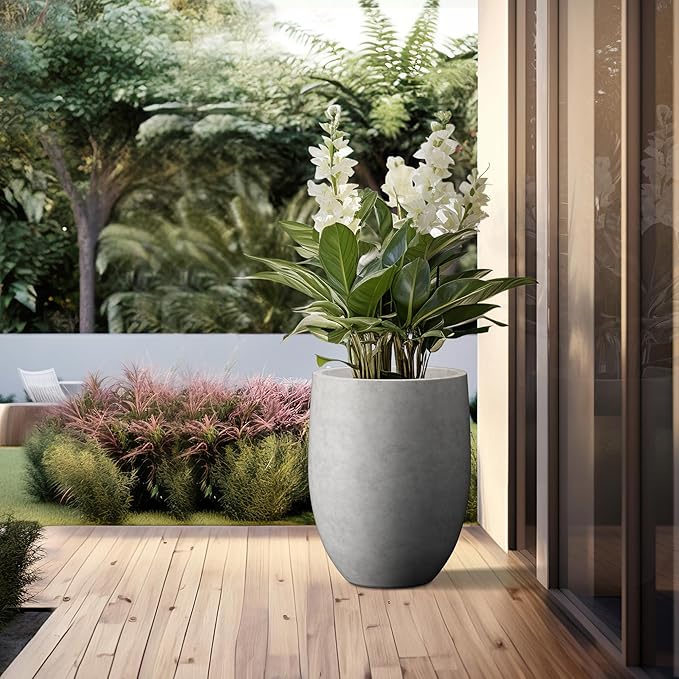 Kante 21.7" H Natural Concrete Tall Planter, Large Outdoor Indoor Decorative Pot with Drainage Hole and Rubber Plug, Modern Round Taper Style for Home and Patio