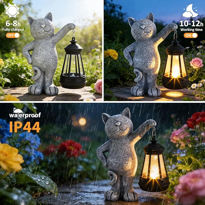 Solar Garden Cat Statue with LED Lights, Outdoor Cat Figurine for Cat Lovers, Yard Lawn Patio Home Decor, Mother’s Day Birthday Gifts for Women Mom Grandma
