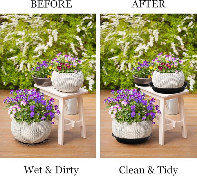 6pcs Black Plastic Plant Saucers (4 inch) - Heavy Duty Indoor Plant Trays for Pots with Water Drainage, Drip Catcher & Decor (Set of 6 Round Saucers)