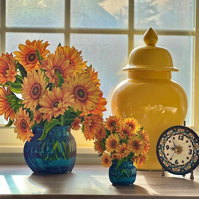 Freshcut Paper Pop Up Cards, Mini Sunflowers (Set of 2), 6 Inch Mini Sized Forever Flower Bouquet 3D Popup Greeting Card, Birthday Cards, Thank You Card, Blank Notecard & Envelope