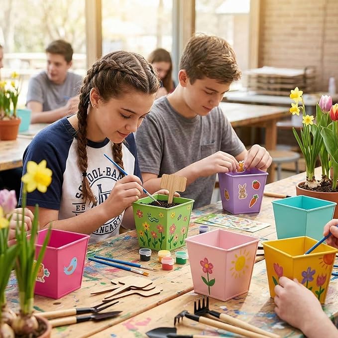 6 Pack Paint and Flower Plant Gardening Kit Stainless Steel Pots Colorful Metal Iron Flower Pots Acrylic Paint Gardening Tools Brushes Stickers for DIY Garden Painting Crafts
