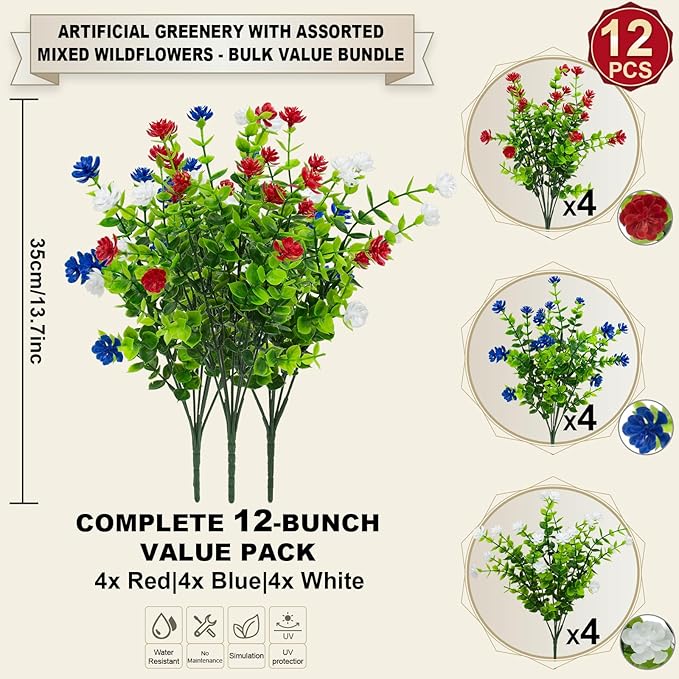 Hananona 12 Pcs Artificial Flowers Outdoor, Faux Artificial Plants UV Resistant Plastic PatrioticFlower for Hanging Planter Porch Window 4th of July Decor (12, Red, White, Blue)