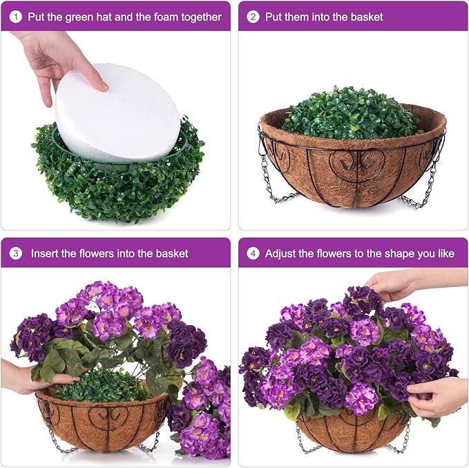 INSPRING Geraniums Artificial Flowers Hanging Basket for Outdoors Outside Spring Decoration, 8 Bundles Silk Flowers Fake Plants Look Real UV Resistant for Porch Home Patio Balcony Yard, Double Purple