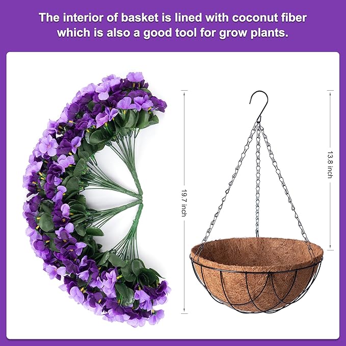 INXUGAO Artificial Hanging Flowers with Basket for Outdoor, Fake Hydrangea UV Resistant Arrangements in Pot Planter Spring Summer Decor for Indoor Porch Garden Yard(Double Violet)