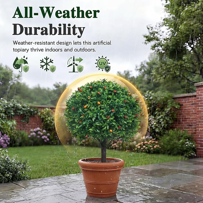PATIO CHOICE Topiary Trees Artificial Outdoor Boxwood Ball Trees with Ground Spike Set of 2 22" Fake Outdoor Plants Faux Bushes and Shrubs Decorations for Outdoor Indoor Front Porch Garden