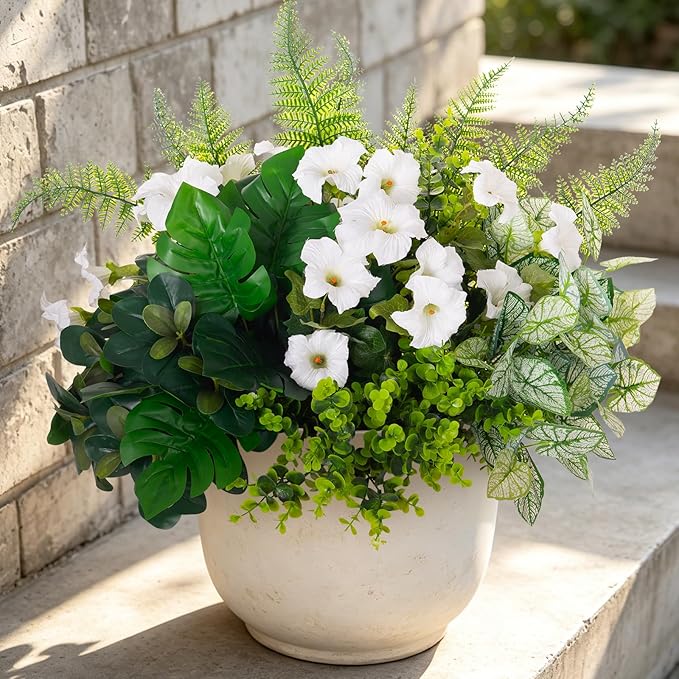Hrobek Outdoor Faux Plants UV Resistant - 8 Bouquets Realistic Artificial Eucalyptus Fern Morning Glory Greenery for Patio Garden Front Porch Decor Weatherproof Fake Plants for Outside