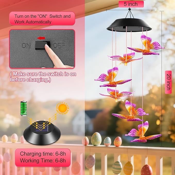 Mom Grandma Nana Gifts for Mothers Day, Birthday Gardening Gifts for Women Wife Sister, Winzwon Solar Lights Outdoor Wind Chimes for Outside Garden Yard Patio Porch Decor Butterfly Decorations