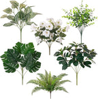 Hrobek Outdoor Faux Plants UV Resistant - 8 Bouquets Realistic Artificial Eucalyptus Fern Morning Glory Greenery for Patio Garden Front Porch Decor Weatherproof Fake Plants for Outside