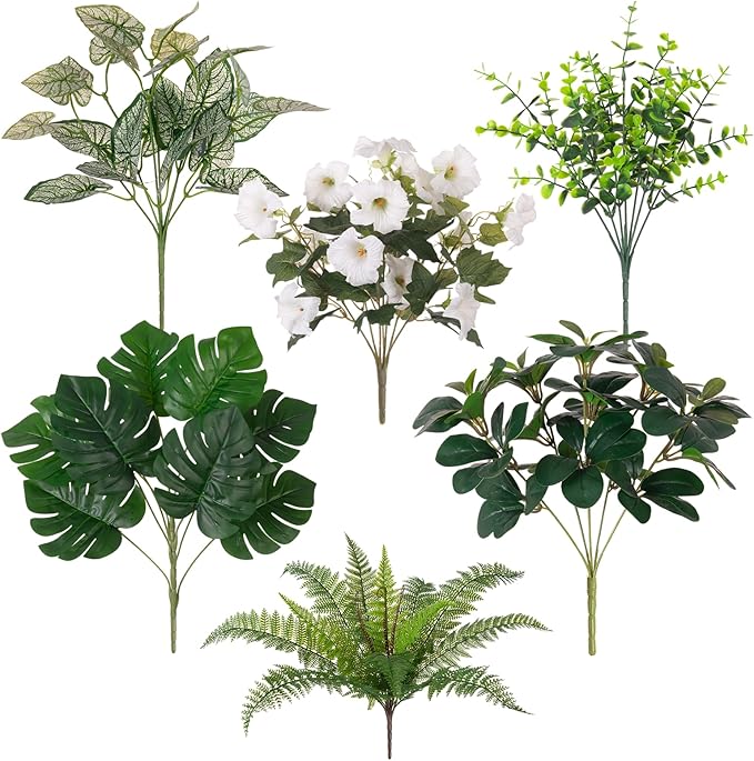 Hrobek Outdoor Faux Plants UV Resistant - 8 Bouquets Realistic Artificial Eucalyptus Fern Morning Glory Greenery for Patio Garden Front Porch Decor Weatherproof Fake Plants for Outside