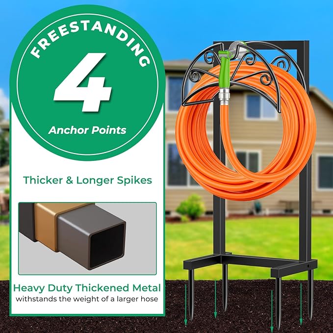 TomCare Garden Hose Holder Heavy Duty Water Hose Holder Holds 160 FT Hoses 4 Spikes Hose Reel Freestanding Hose Hanger Sturdy Hose Storage Stand for Outside Yard Lawn