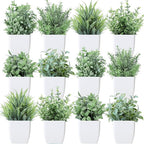 Unittype 12 Pcs Fake Plants Small Artificial Faux Plants for Shelf Mini Plastic Potted Greenery for Home Office Desk Bathroom Bedroom Indoor Decor(White Pot,Gray)