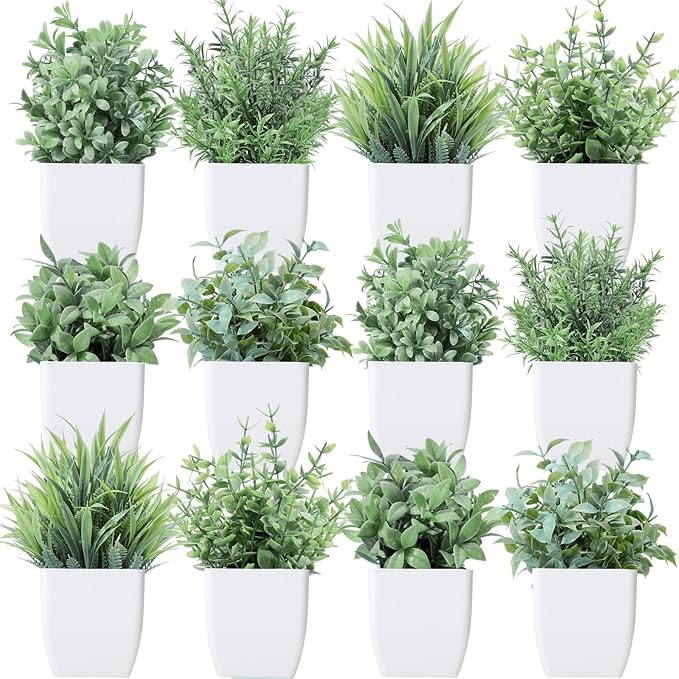 Unittype 12 Pcs Fake Plants Small Artificial Faux Plants for Shelf Mini Plastic Potted Greenery for Home Office Desk Bathroom Bedroom Indoor Decor(White Pot,Gray)