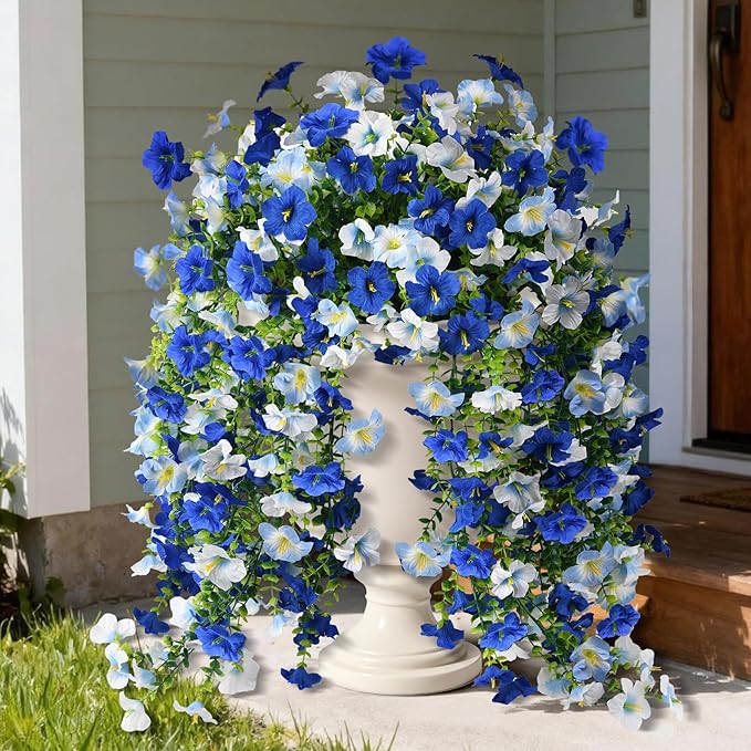 Artificial Fake Flowers Plants for Outdoor Spring Summer Decoration,2 PCS Faux Silk Morning Glory with Eucalyptus Leaves,UV Resistant Realistic Outdoor Flowers for Balcony Porch Patio Yard Garden