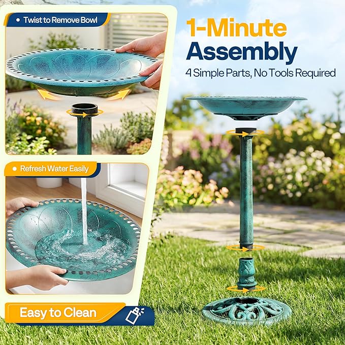 VIVOHOME Bird Bath with Solar Fountain for Outside, Polyresin Pedestal Bird Baths with Solar Powered Pump for Outdoor, Garden, Weather-Resistant Birdbaths with 20" Bowl, Green