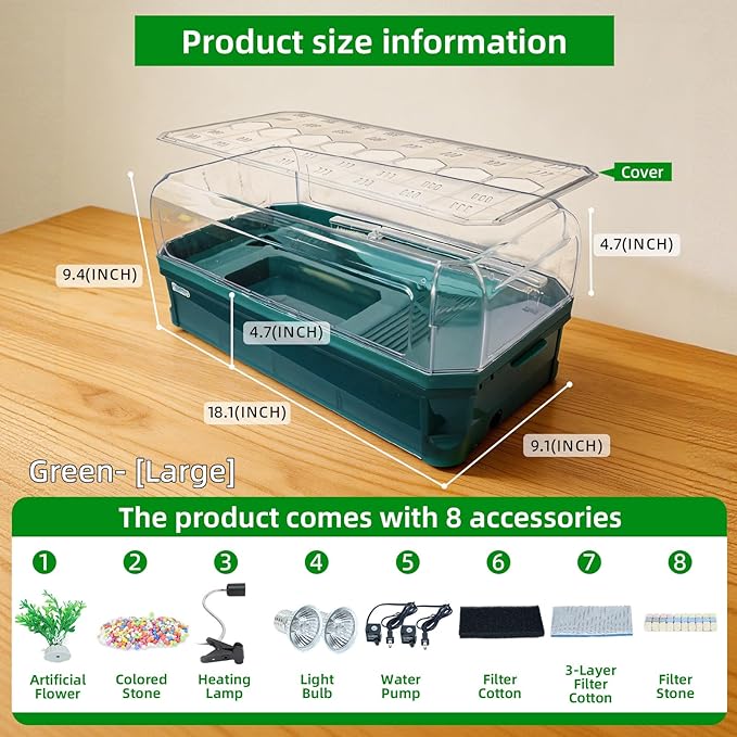Turtle Tank Kit with 3-Stage Filter, Basking Platform & Heat Lamp - Complete Turtle Aquarium Habitat for Water Turtles, Enclosure or Hermit Crab Tank, Easy Drain Starter Kit Green, 18.1 Inch