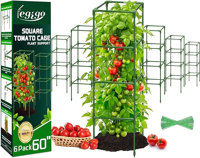 Legigo 6 Pack Square Tomato Cages- 60 Inch Heavy Duty Tomato Trellis for Climbing Plants Outdoor, Tomato Plant Support Stakes Cage Garden Trellis for Garden Raised Garden Bed Cucumbers Vegetables