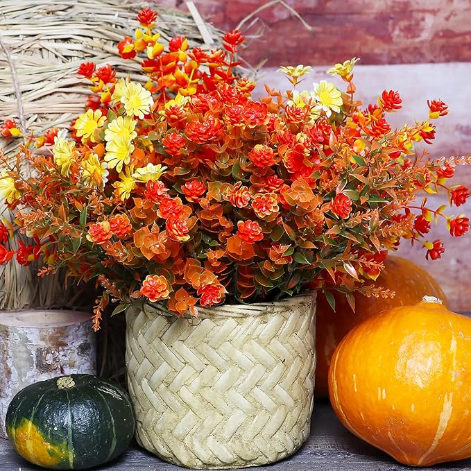 16 Bundles Artificial Fall Mums Flowers Plants Outdoors, Faux Plastic Shrubs Fake Greenery UV Resistant for Garden Patio Decor Window Box Office Hanging Planter Pathway Front Porch (Orange Mixed)