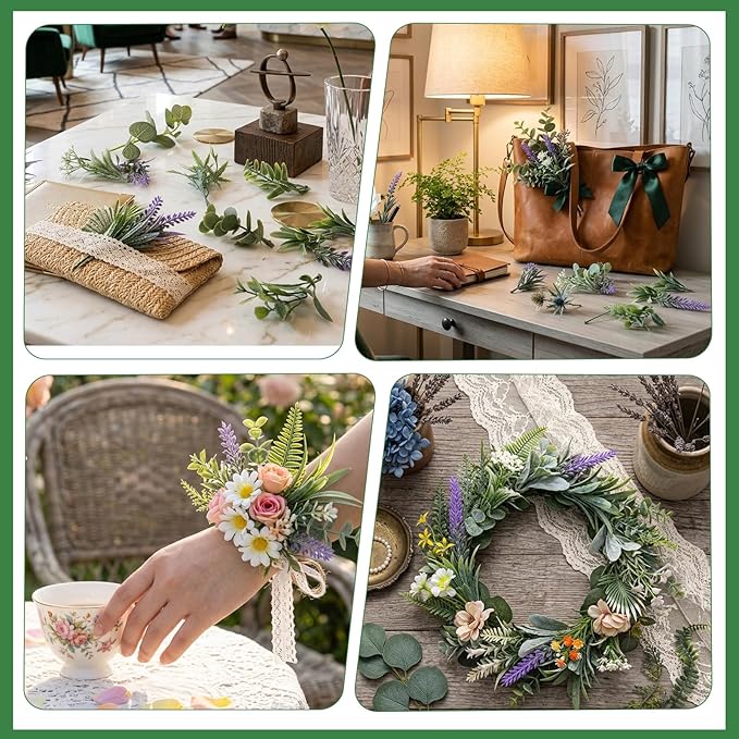 FOIMAS 36Pcs Mini Fake Green Leaves, Artificial Faux Plants Leaves Flowers for DIY Craft Small Bouquets Bridal Baby Shower Envelope Cakes Gifts Home Party Wedding Anniversary Decoration