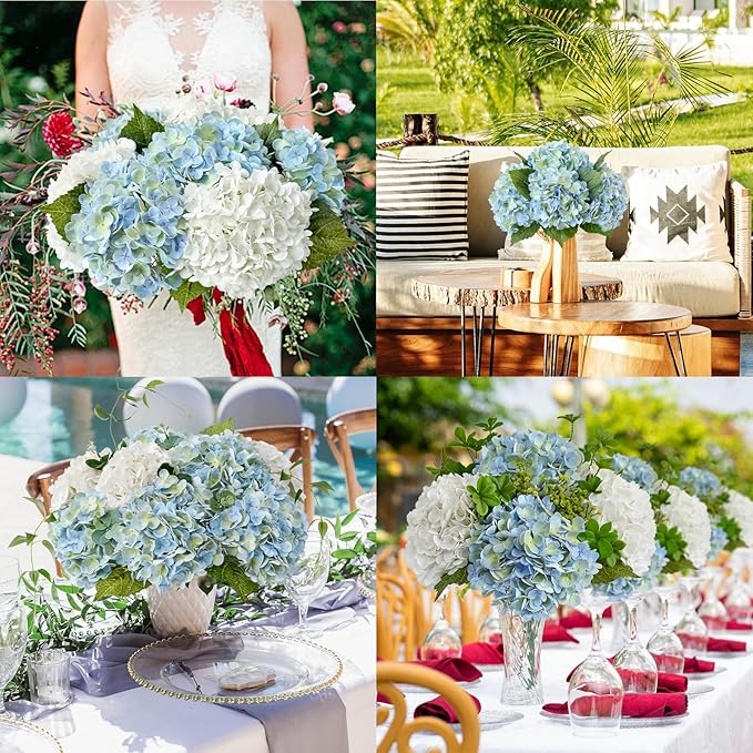ZYTUYO 3PCS Blue Green Hydrangeas Artificial Flower 21" Real Touch Faux Latex Fake Hydrangeas Silk Bouquet for Home Kitchen Living Room Spring Table Office Wedding Party Arrangement