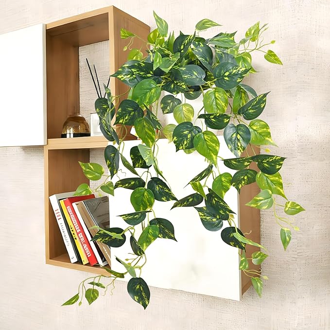 Waipfaru Fake Plants Artificial Plants Indoor, 1Pcs 34" Realistic Artificial Hanging Fake Pothos Vines Ivy Potted, Faux Pothos for Living Room Office Bedroom Bathroom Kitchen Shelves Indoor Home Decor