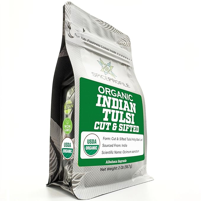 Spice Profile USDA Organic Indian Tulsi/Holy Basil Cut & Sifted, 2 oz, Lab Tested for Heavy Metals, Ocimum sanctum, Albahaca Sagrada