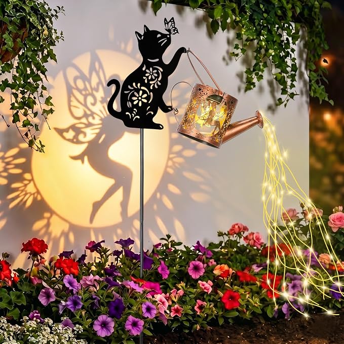 LOVERUIS Cat Solar Watering Can Lights,Outdoor Hanging Solar Lights Lantern,Gifts for Mom Women Birthday Mother's Day,Garden Waterproof Garden Decor Outside Patio Yard Pathway Backyard
