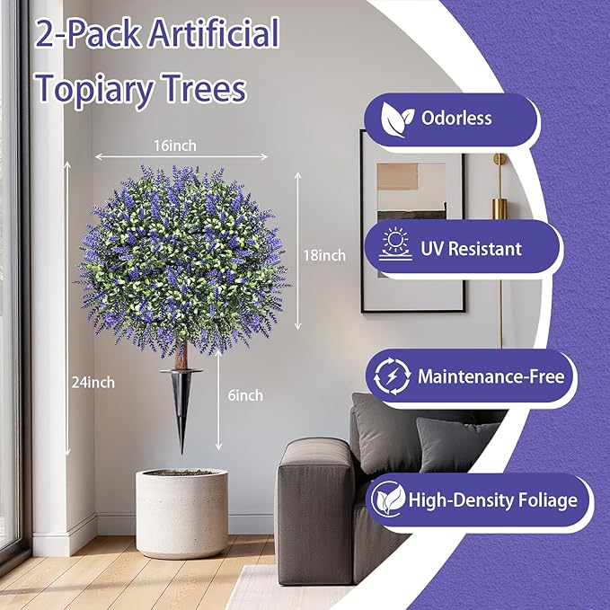 Artificial Lavender Topiary Ball Trees, Set of 2 UV Resistant Fake Evergreen Shrubs Bushes Plants with Ground Spike, 18" Fake Plants for Outdoor Indoor Front Porch Garden