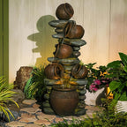 60" H Large Outdoor Water Fountain, 5-Tier Cascading Waterfall Fountain Feature with LED Lights, Rustic Crock Garden Water Feature for Patio, Backyard, Porch, Indoor & Outdoor Décor