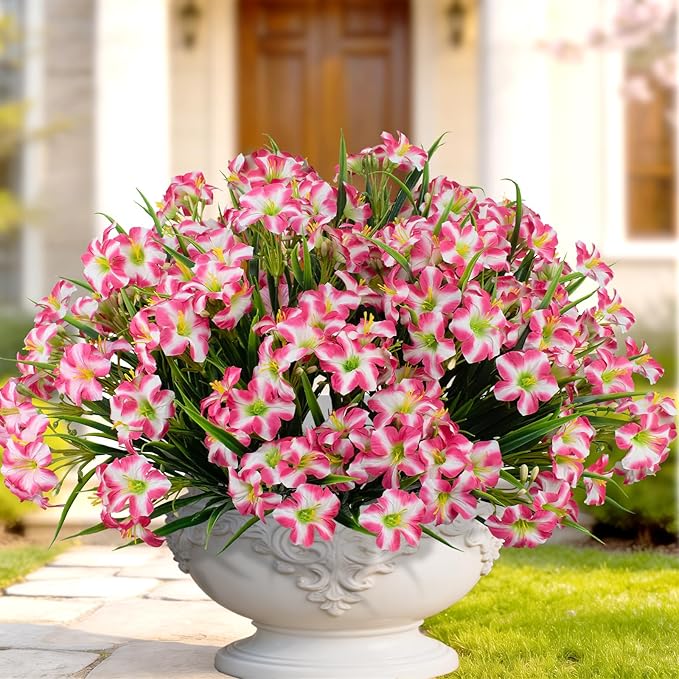 LikSoor Outdoors Artificial Flowers Spring Summer Decor Fake Petunias UV Resistant Flower Faux 12 Bundles Realistic Plastic Plant Porch Patio Window Box Garden Decoration (Rose Red)
