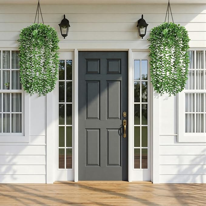 Faux Outdoor Plants Fake Hanging Plants for Outdoors Outside Decorations, 2 Pcs Green Faux Eucalyptus Vines Realistic UV Resistant Artificial Greenery for Planters Porch Garden Yard Front Door Patio