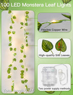 suddus Vines with Fairy Lights Battery & USB Powered Operated, 33ft 100 LED Watermelon Leaves String Lights with Remote, Artificial Plants for Indoor, Bedroom, Wedding, Wall, Party Decor(Warm White)