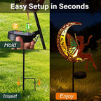 Solar Garden Statues Outdoor Decor with Butterfly Fairy & Moon, Cracked Glass Solar Light Stake, Gradient Wings, Gift for Mother's Day, Housewarming, Pathway & Patio Decor for Yard, Lawn & Garden