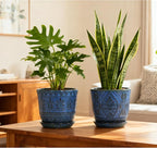 Gepege Beaded Ceramic 6 Inch Planter Set of 2 with Drainage Hole and Saucer for Plants, Indoor-Outdoor Large Round Succulent Orchid Flower Pot (Blue, Inner-pots not Larger Than 5 Inch)