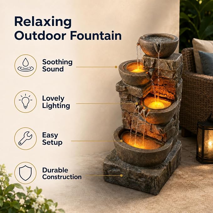 Teamson Home 33.27" Cascading Bowls & Stacked Stones LED Water Fountain for Outdoor Living Spaces, Brown