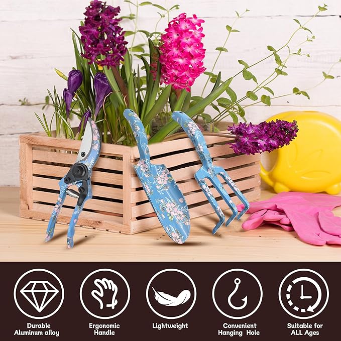 3piece Printed Garden Tool Set, Heavy Duty Aluminum Gardening Tool Kits Including Hand Rake, Pruning Shear and Trowel for Indoor & Outdoor Use, Ergonomic Handle, Perfect Gardening Gift
